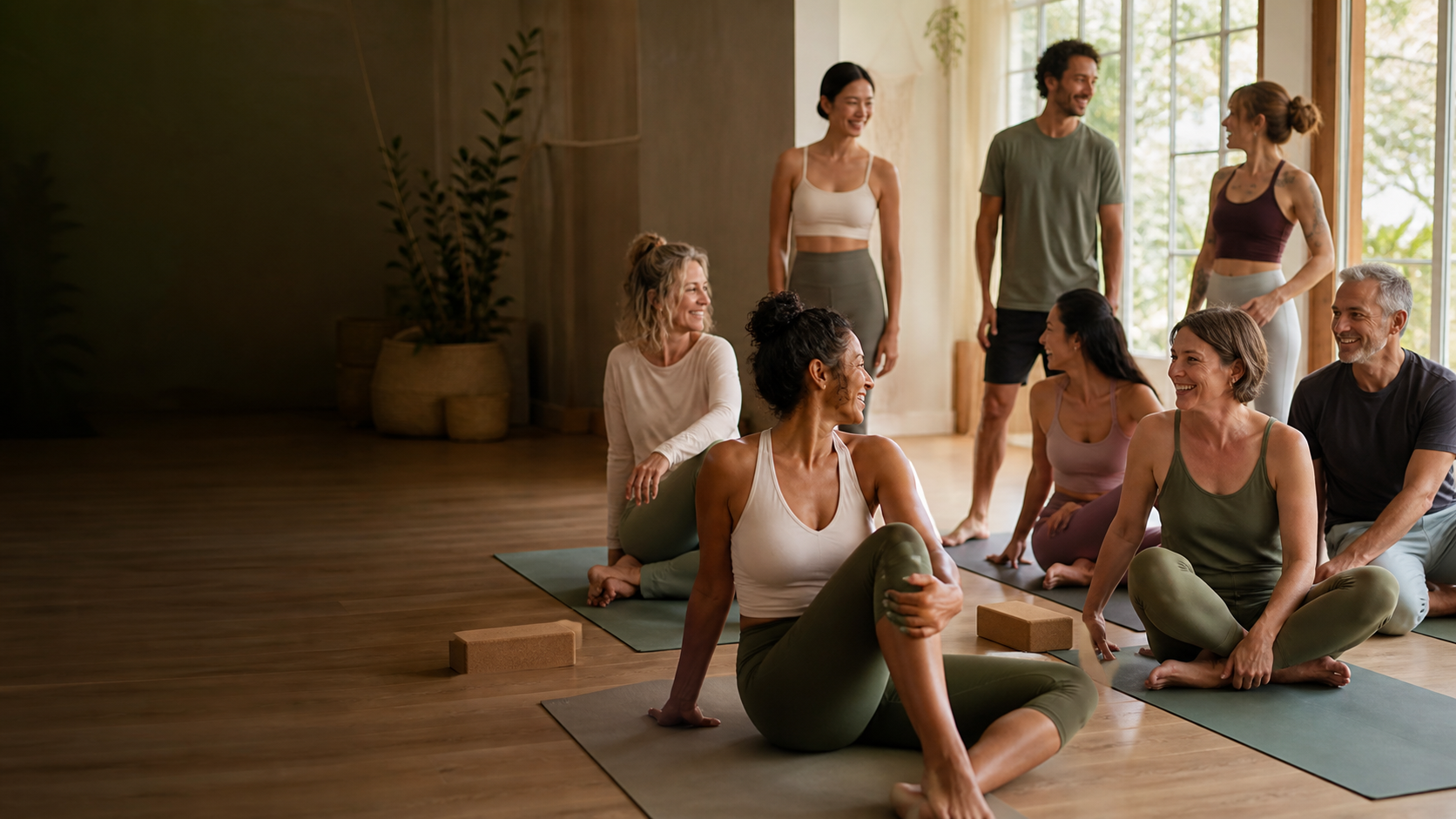 A friendly indoor yoga class