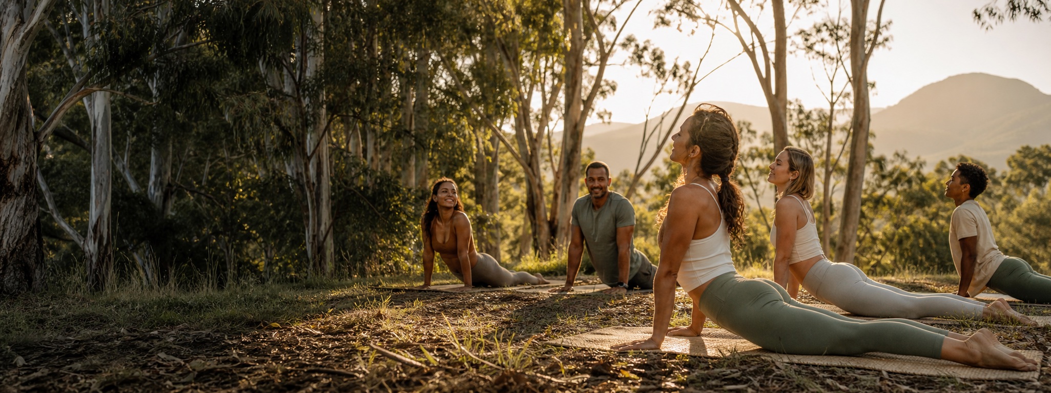 A group practising yoga together outdoors among eucalyptus trees