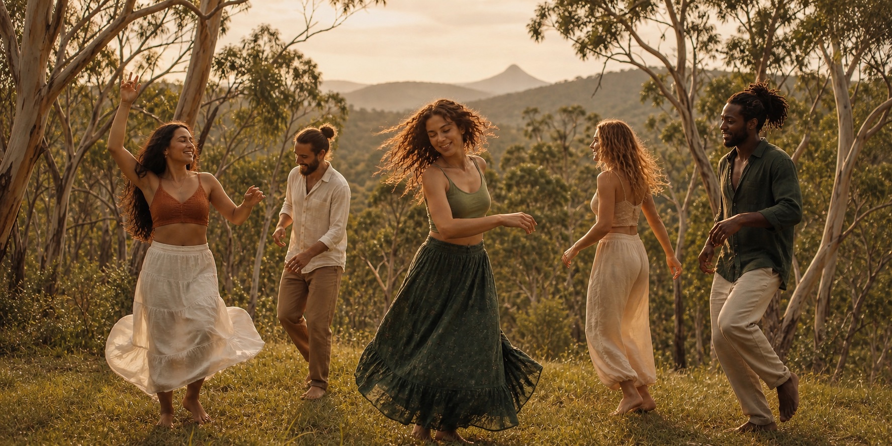 People dancing together among eucalyptus trees