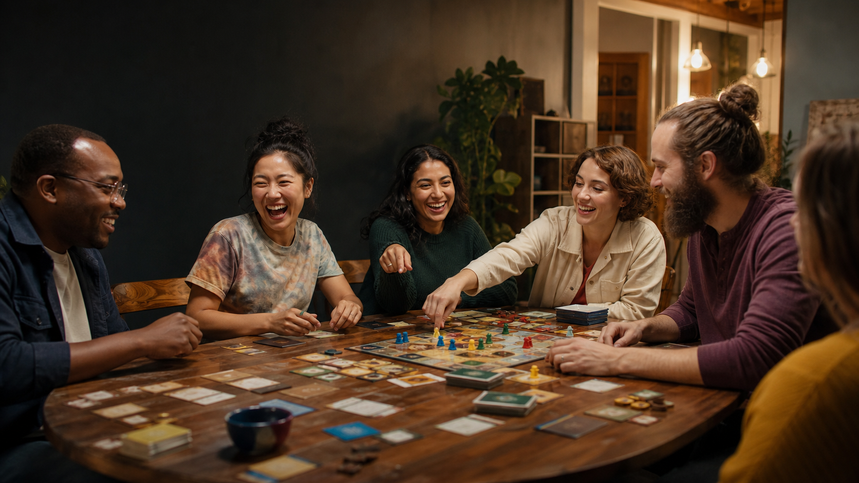 Friends playing games around a table