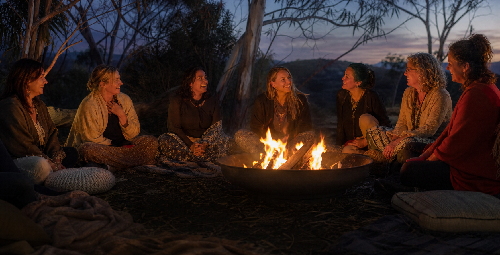 A women's circle gathered around a fire