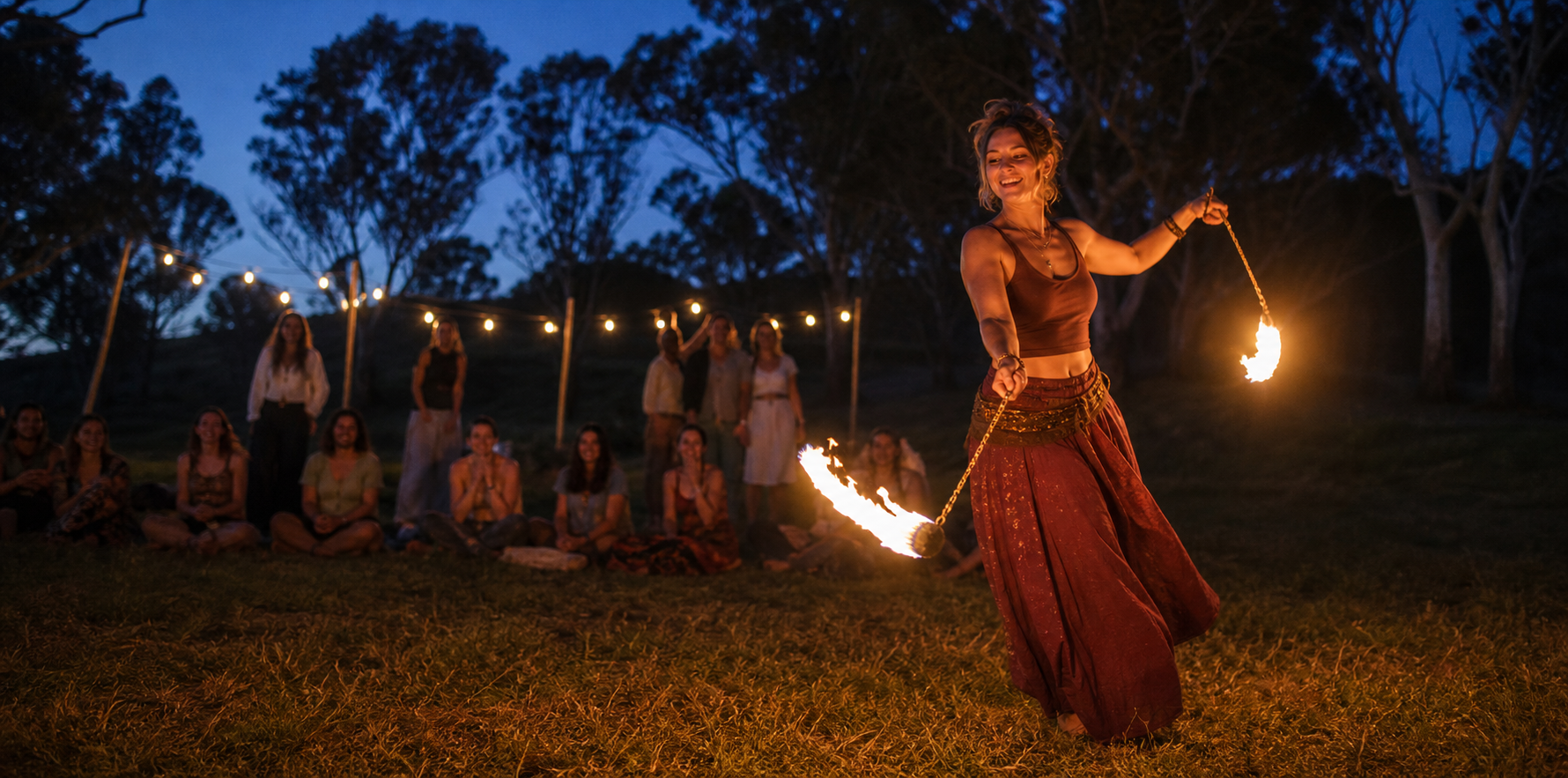 A smiling fire spinner performing outdoors