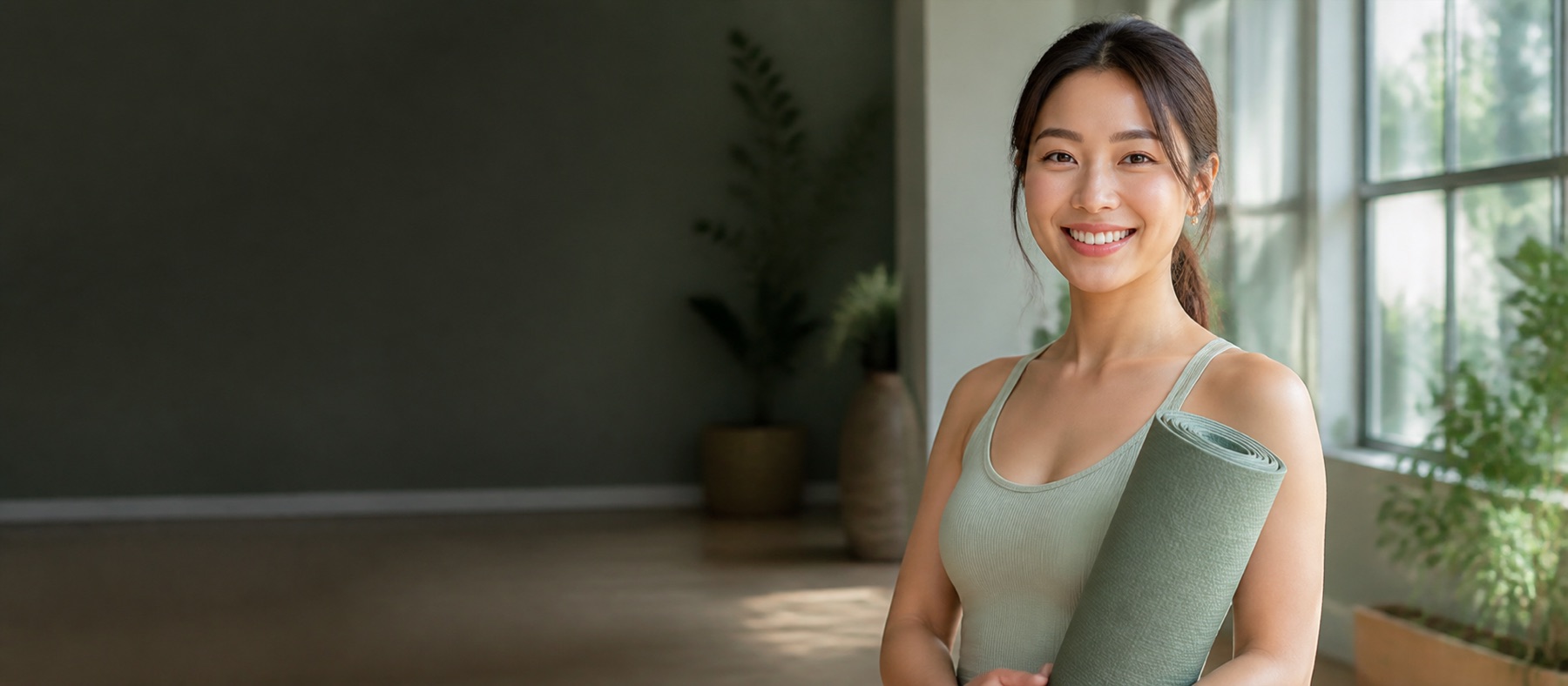 A smiling woman holding a yoga mat
