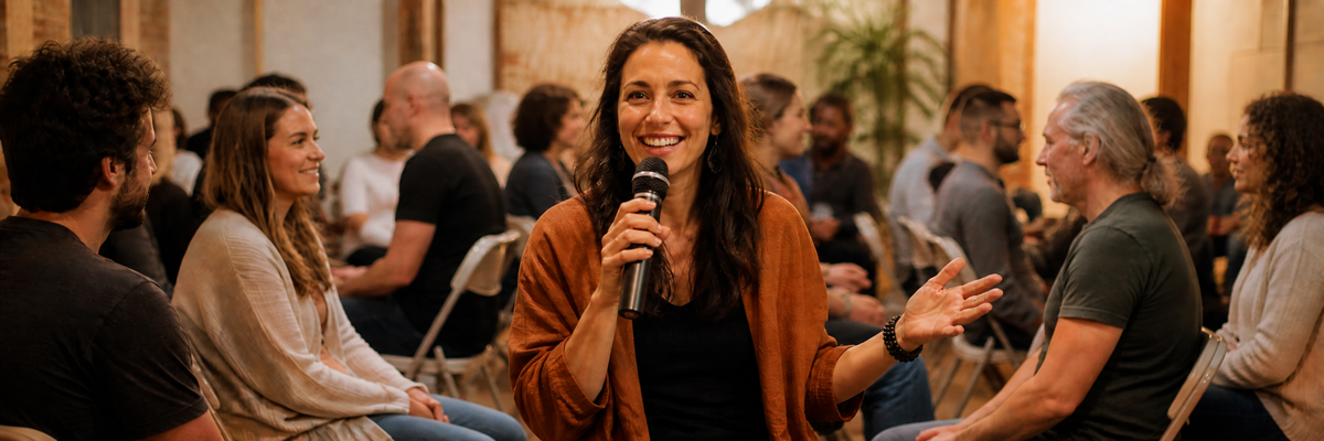 A facilitator speaking into a microphone at a social gathering