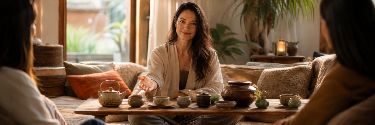 A woman offering tea during a tea ceremony