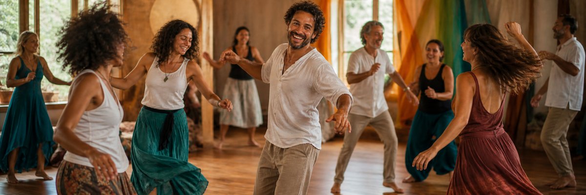 A joyful participant dancing at a community gathering