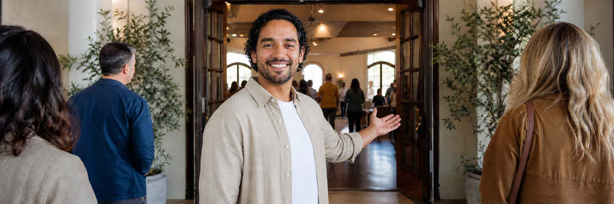 A venue owner welcoming guests inside