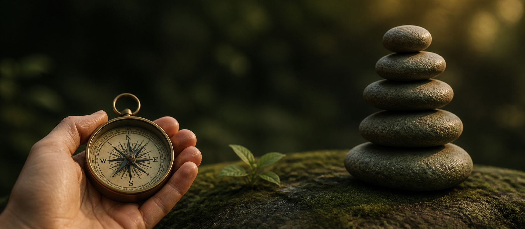 A hand holding a compass beside a stack of balanced river stones