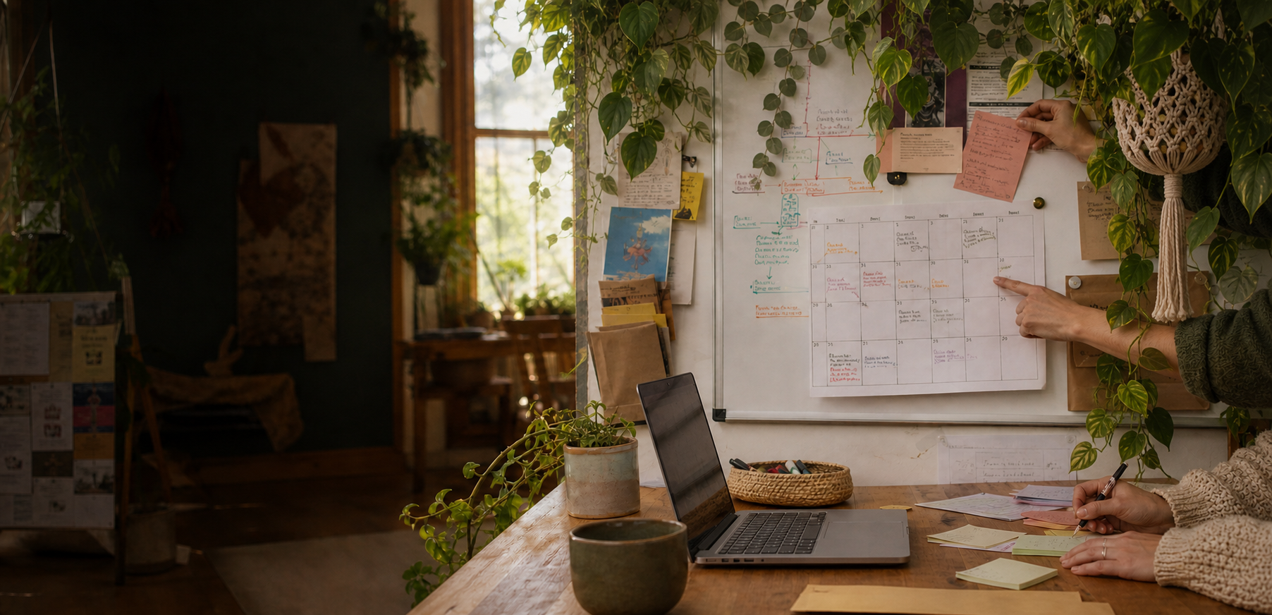 A warm, plant-filled community workspace with a whiteboard calendar and laptop