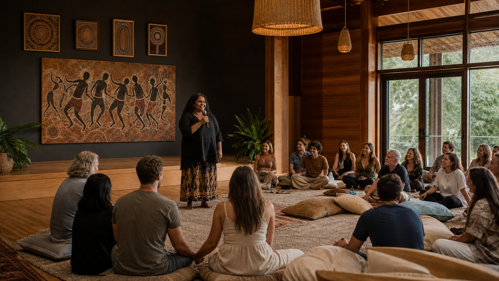A First Nations speaker welcoming a relaxed community gathering